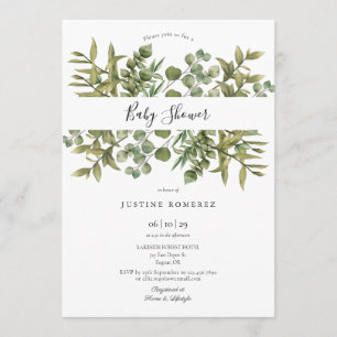 Invitation Baby shower vert de l'Eucalyptus des bois