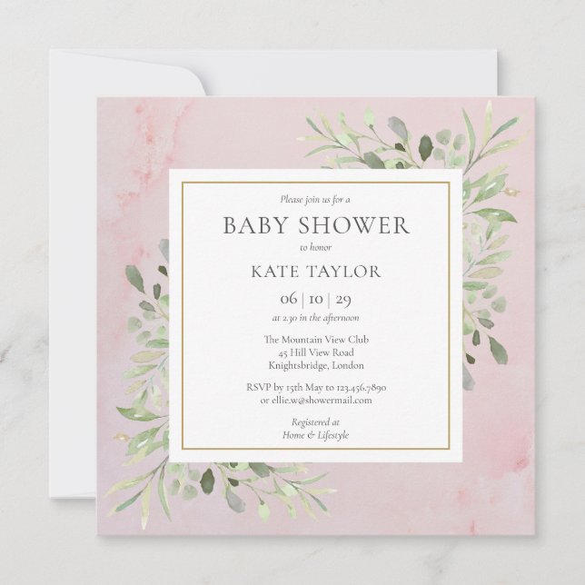 Invitation Baby shower vert de marbre rose | Saupoudrer (Devant)