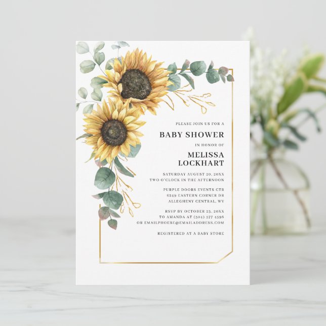 Invitation Baby shower vert de tournesol floral Eucalyptus (Debout devant)