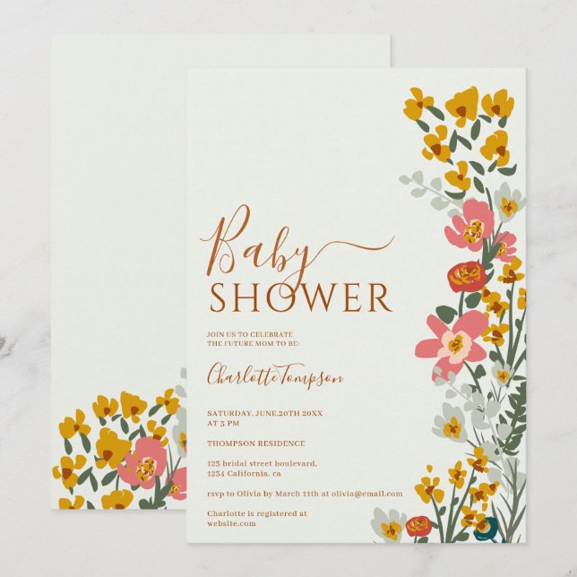 Invitation Baby shower vert des fleurs rétro moderne automne (Devant / Derrière)