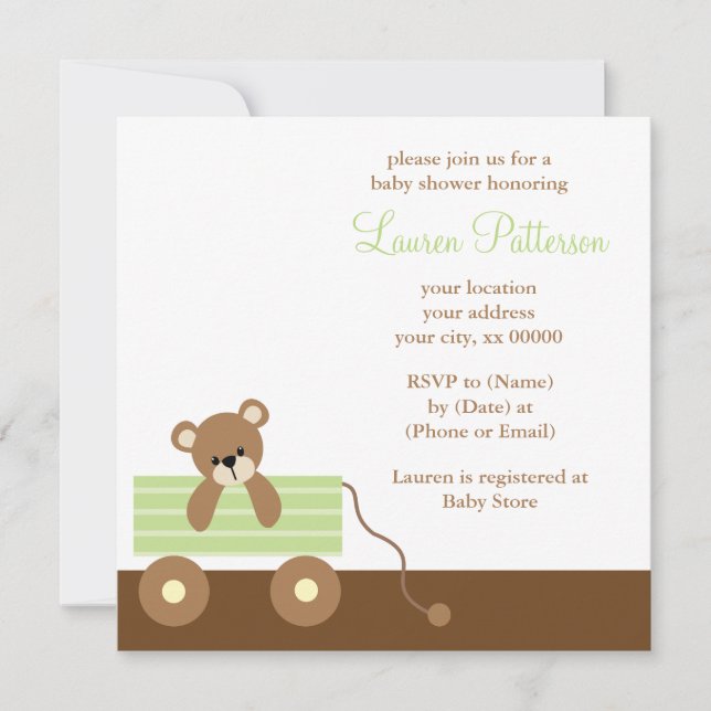 Invitation Baby shower vert d'ours de chariot (Devant)