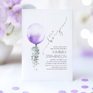 Invitation Baby shower vert en argent et violet à balloon