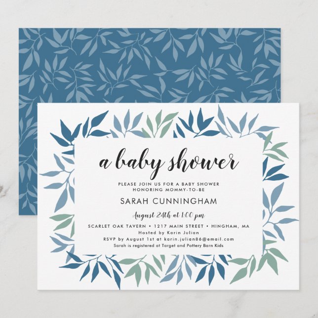 Invitation Baby shower vert encadré Feuille bleu et vert (Devant / Derrière)