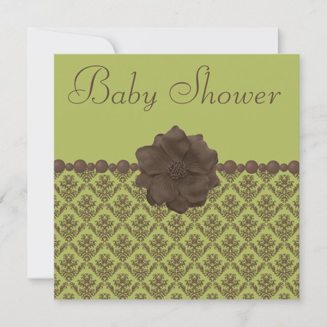 Invitation Baby shower vert et Brown Damas, fleurs et perles (Devant)