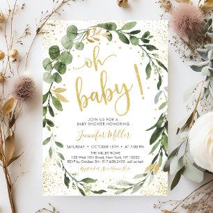 Invitation Baby shower vert et or Eucalyptus