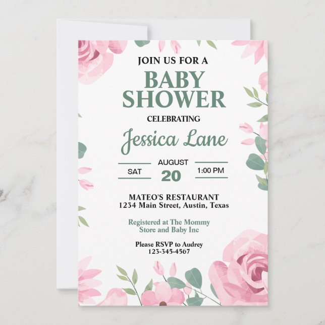 Invitation Baby shower vert et rose marine (Devant)