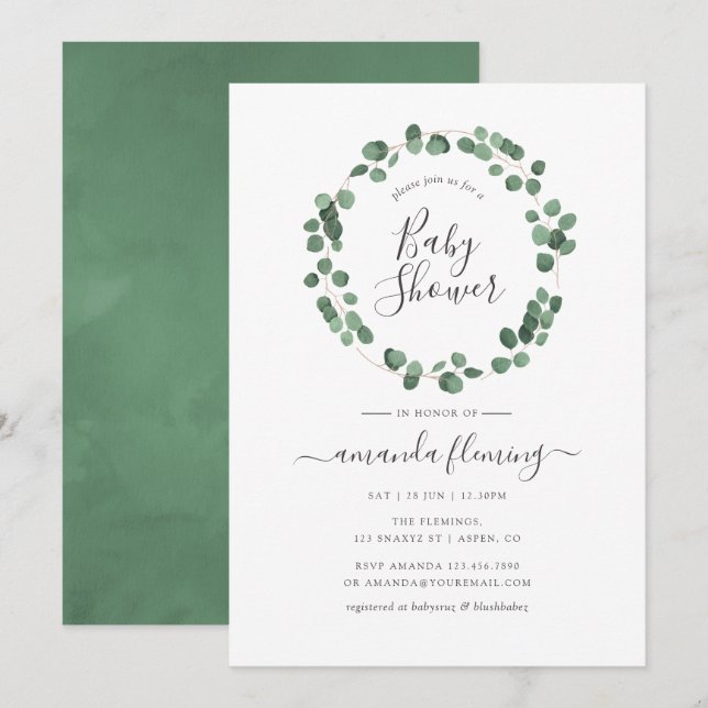 Invitation Baby shower vert Eucalyptus (Devant / Derrière)