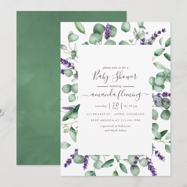 Invitation Baby shower vert Eucalyptus Lavender (Devant / Derrière)