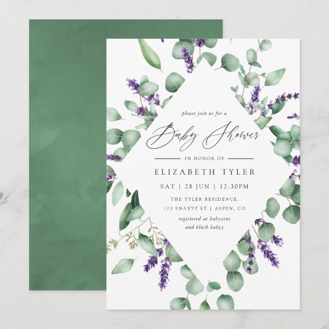 Invitation Baby shower vert Eucalyptus Lavender (Devant / Derrière)