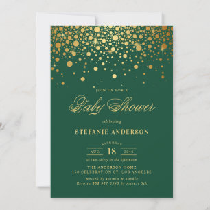 Invitation Baby shower vert Faux Gold Foil Confetti