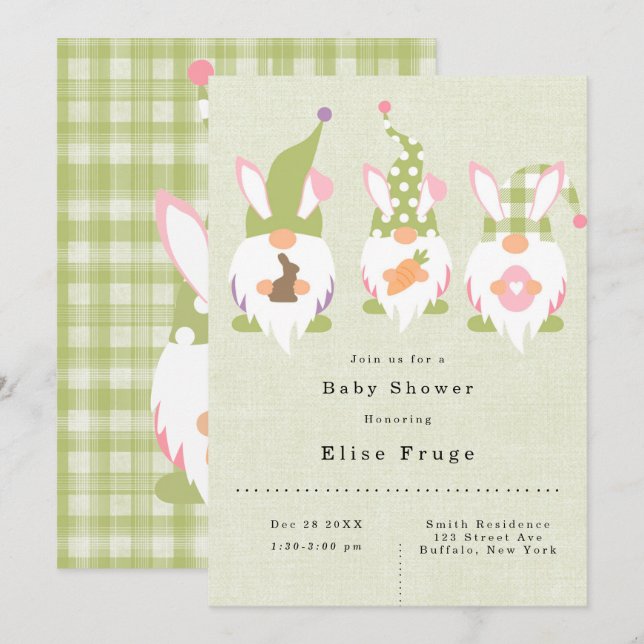 Invitation Baby shower vert Gnomes de Pâques (Devant / Derrière)
