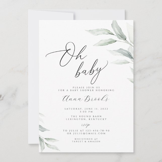 Invitation Baby shower vert minimaliste Oh Baby (Devant)
