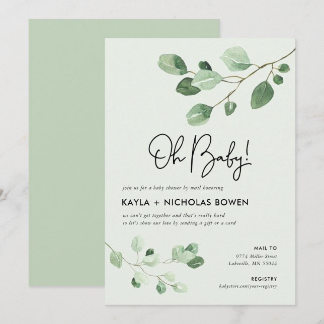 Invitation Baby shower vert moderne par courrier (Devant / Derrière)