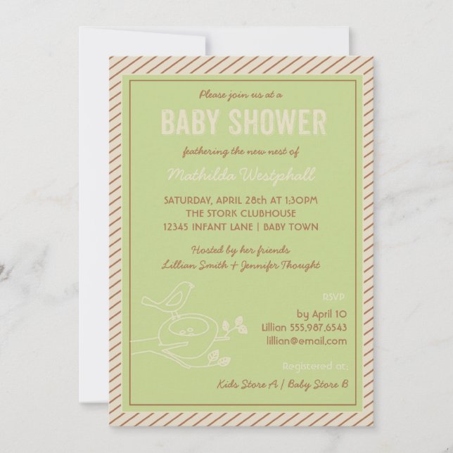 Invitation Baby shower vert nid d'oiseaux (Devant)