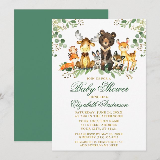 Invitation Baby shower vert or des animaux de bois (Devant / Derrière)