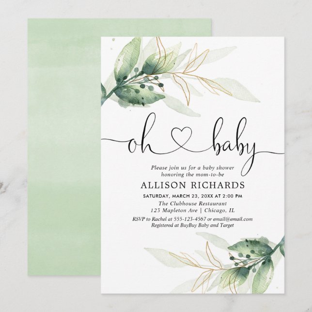 Invitation Baby shower vert or feuille genre neutre (Devant / Derrière)