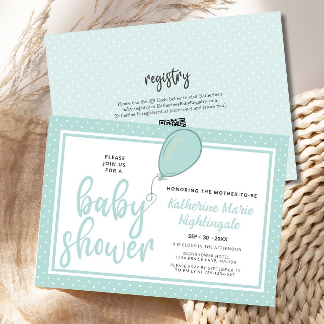 Invitation Baby shower vert Pastel neutre genre Code QR (Baby Shower Gender Neutral BOHO Pastel Green Polka Dot Invitation with Balloon, Script Calligraphy.)