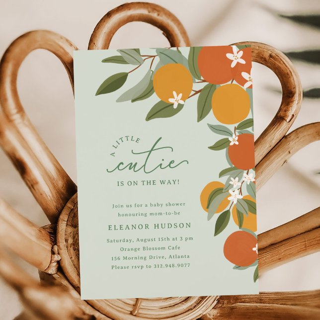 Invitation Baby shower Vert Petite Cutie Citrus Oranges ("A little cutie" baby shower invitation with orange tree, blossoms, and green background.)