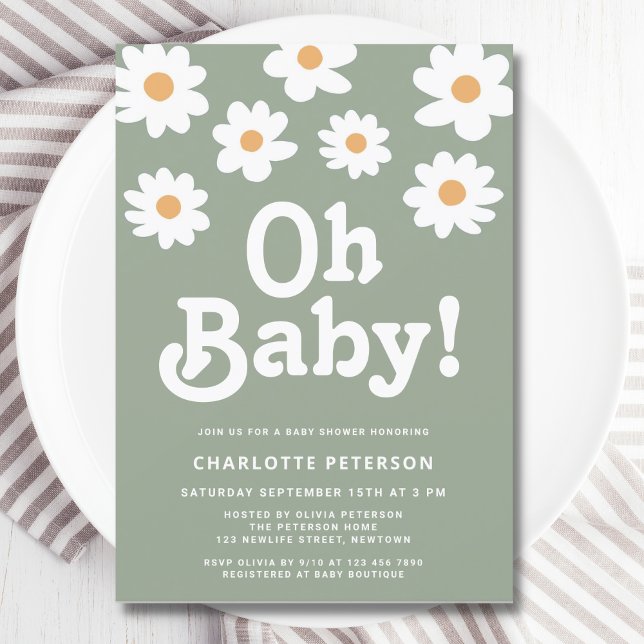 Invitation Baby shower vert Retro Daisy Sage (Créateur téléchargé)