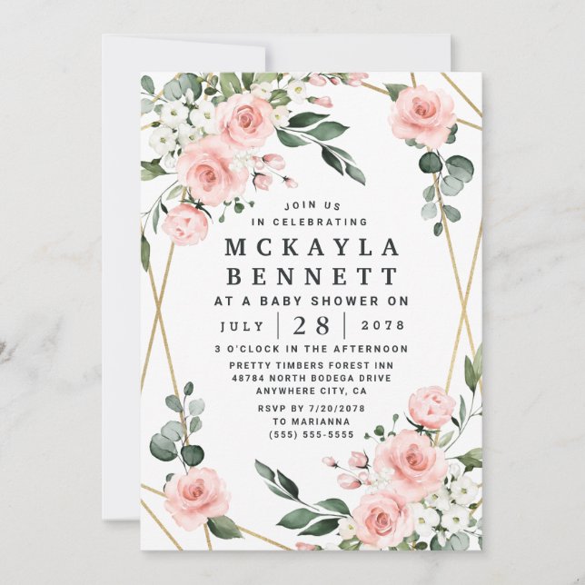 Invitation Baby shower vert rose et or floral (Devant)