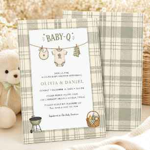 Invitation Baby Shower Vert Sauge Gingham BBQ Rustique
