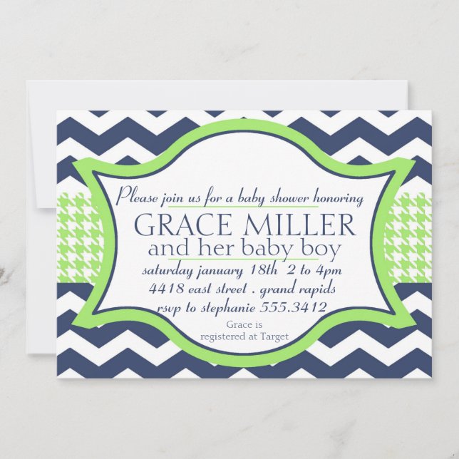 invitation Baby shower. vert vif du chevron bleu (Devant)