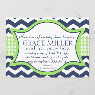 invitation Baby shower. vert vif du chevron bleu