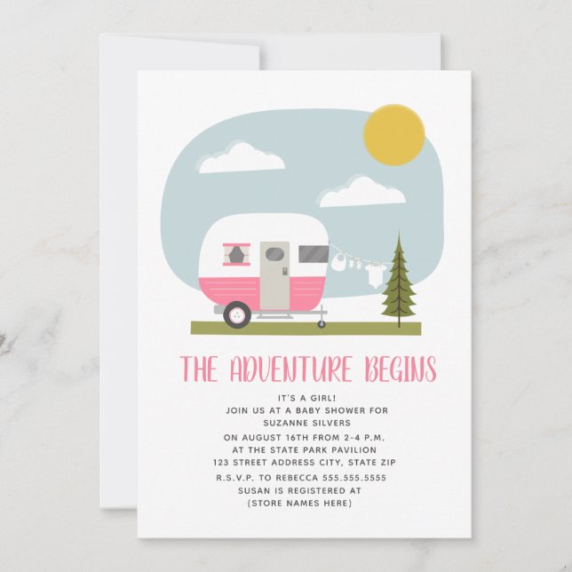 Invitation Baby shower Vêtements pour Camper Rose Adventure (Devant)