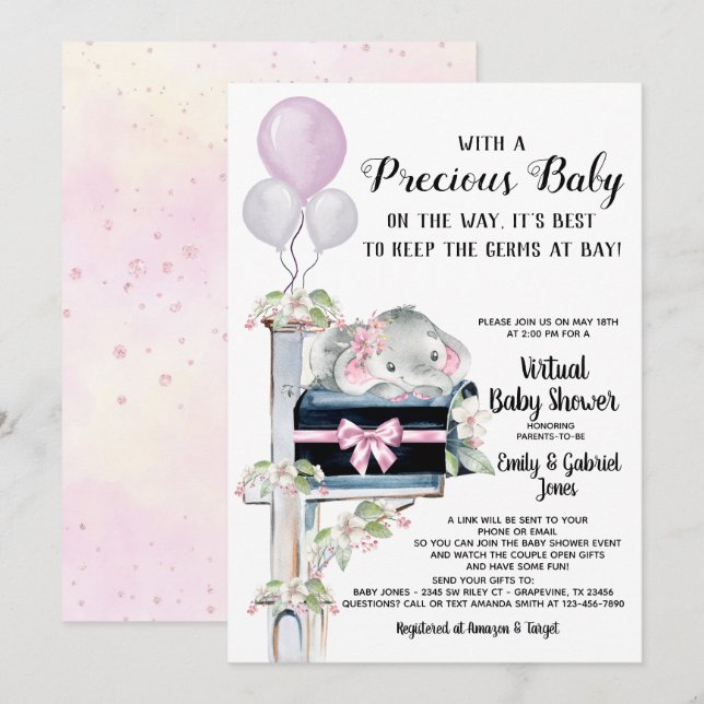 Invitation Baby shower vidéo virtuel en ligne Girl Elephant (Devant / Derrière)