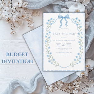 Invitation Baby shower Vintage à cadre bleu fleuri