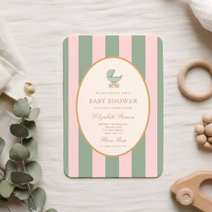 Invitation Baby-Shower Vintage avec rayures vertes et roses