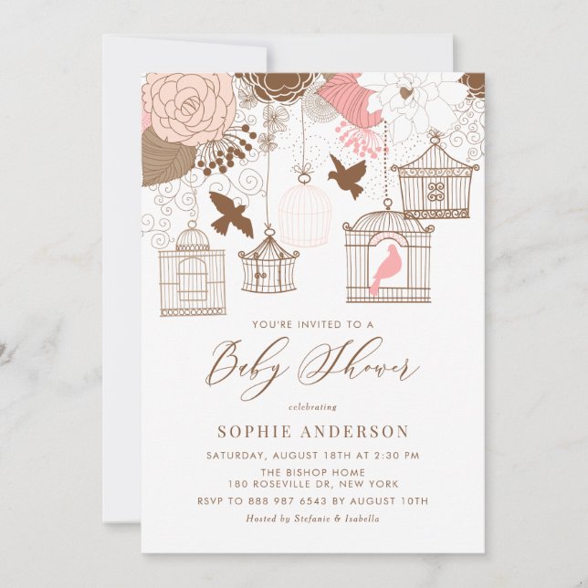 Invitation Baby shower vintage Birdcages & Fleurs (Devant)