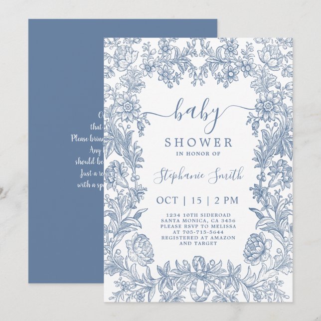 Invitation Baby shower Vintage bleu (Devant / Derrière)