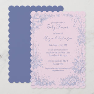 Invitation Baby-Shower Vintage Bleu et Rose aux Bordures Cran
