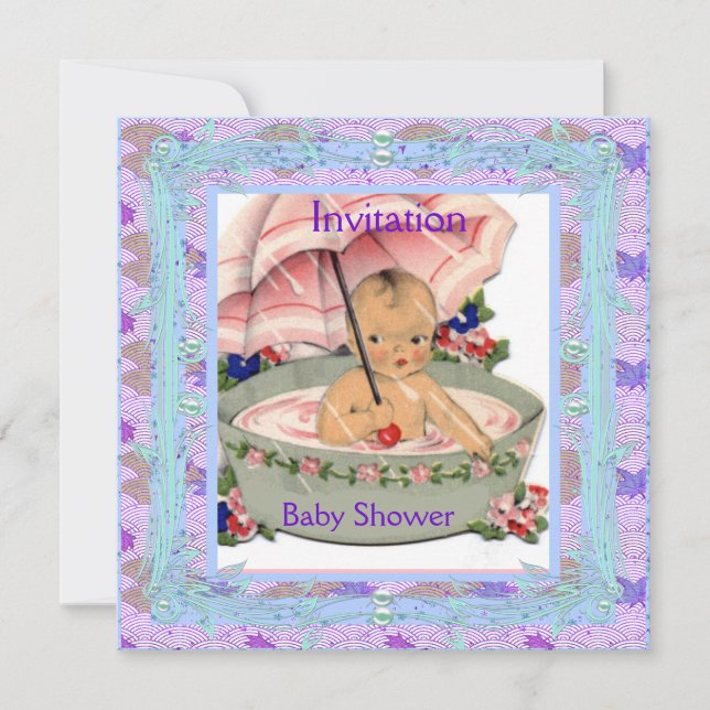 Invitation Baby shower vintage bleu rose (Devant)