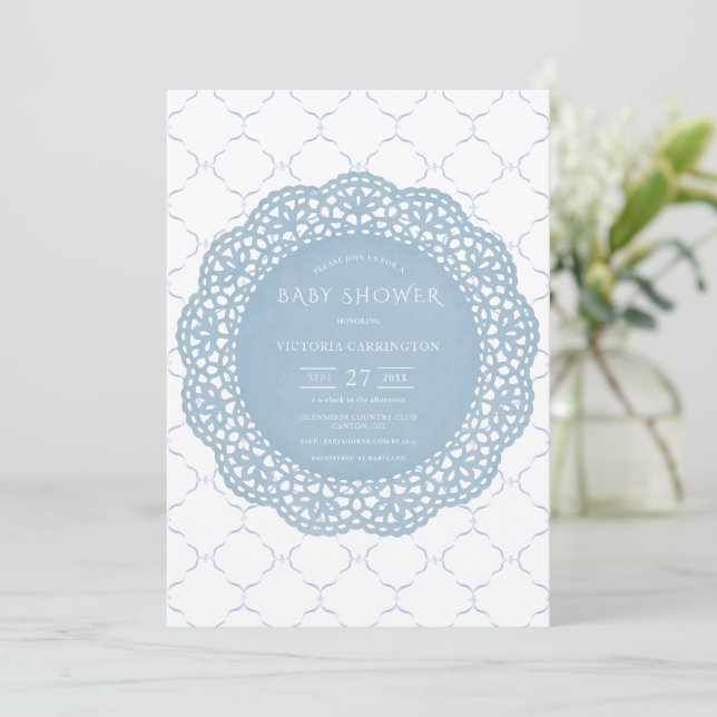 Invitation Baby shower Vintage Blue Lace (Debout devant)