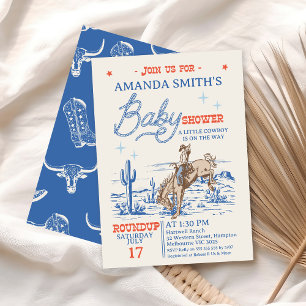 Invitation Baby shower vintage Blue Red Rodeo Cowboy