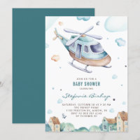 Baby shower vintage Blue Watercolor Helicopter Boy