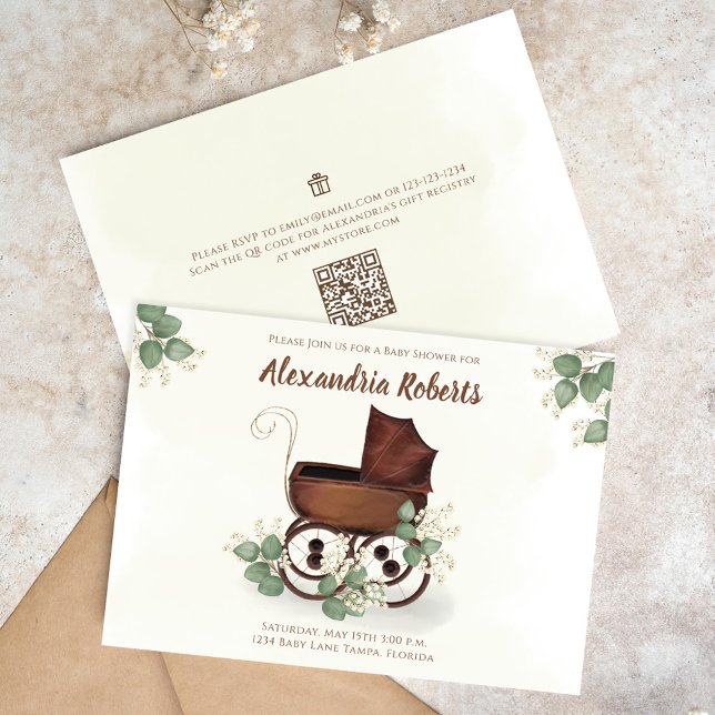 Invitation Baby shower Vintage Carriage Vert (Baby shower vintage baby carriage invitations. )