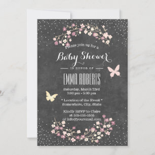 Invitation Baby shower Vintage Chalkboard Papillon & Fleurs