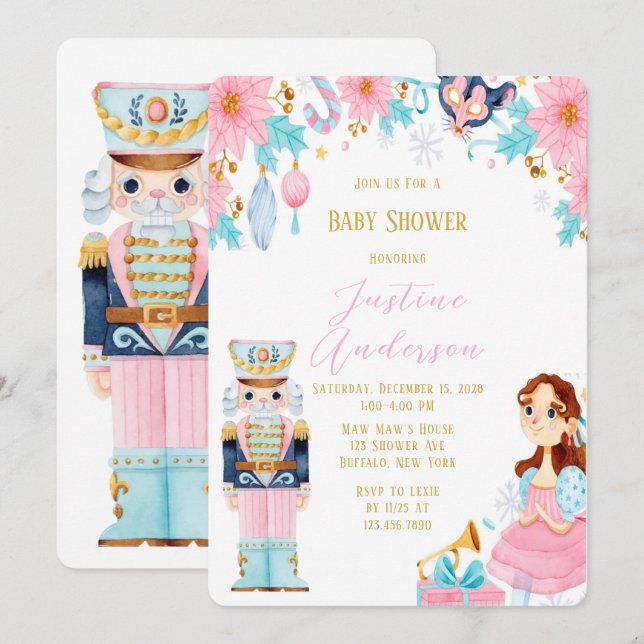 Invitation Baby shower Vintage Christmas Nutcracker (Devant / Derrière)
