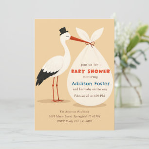 Invitation Baby-Shower Vintage Classique Cigogne Genre Neutre