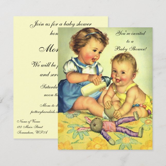 Invitation Baby shower vintage Cute Happy Children (Devant / Derrière)
