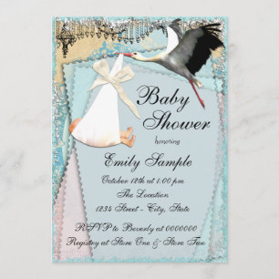 Invitation Baby shower vintage de cigogne