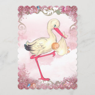 Invitation Baby shower Vintage de cigogne rose