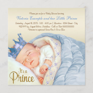 Invitation Baby shower vintage d'or de prince bleu layette