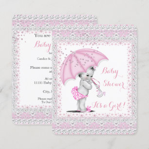 Invitation Baby shower vintage Fille rose Parapluie