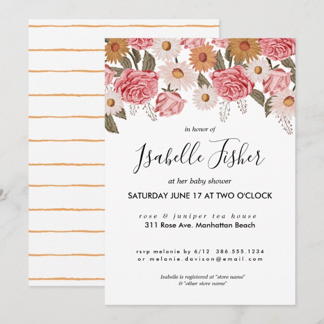 Invitation Baby shower vintage Florals (Devant / Derrière)