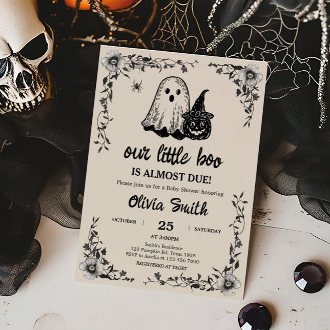 Invitation Baby shower Vintage gothique d'Halloween (Black Floral Gothic Little Boo Baby Shower Invitation)
