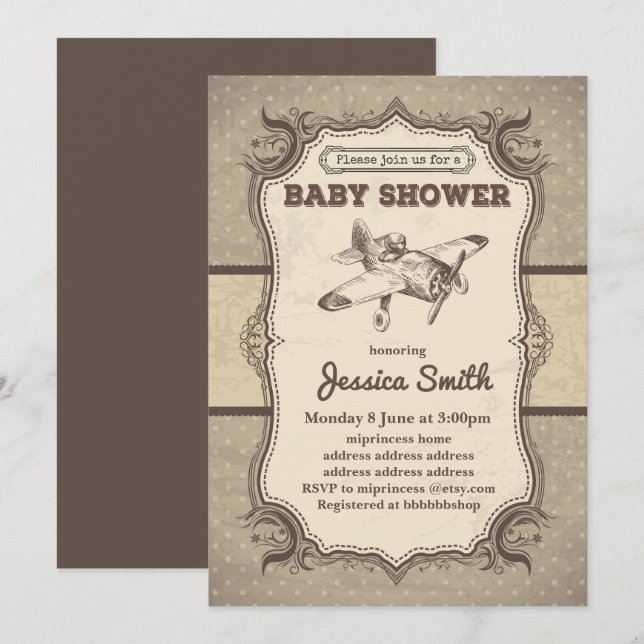 Invitation BABY SHOWER vintage - jouet avion (Devant / Derrière)